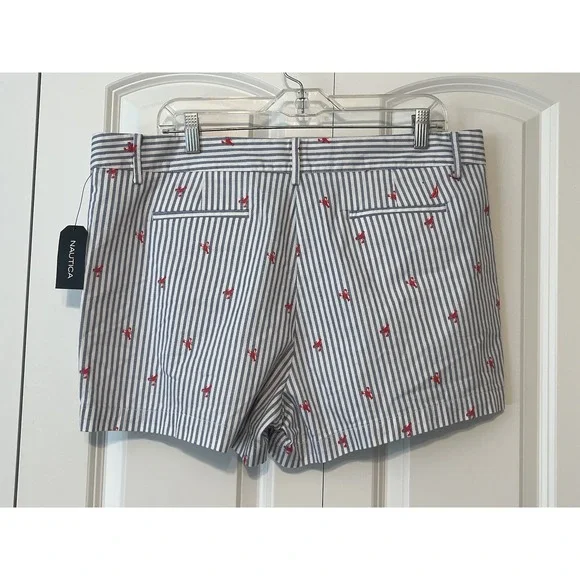 NWT Nautica Blue & White Striped Shorts W/ Lobsters Print Women's Size 14 - Picture 6 of 10